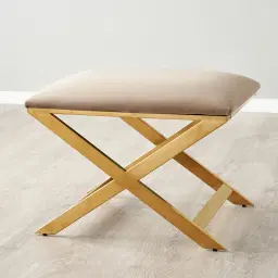 Elle Beige Velvet Ottoman - Brushed Gold Stainless Steel Legs