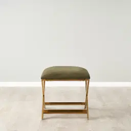 Elle Olive Green Velvet Ottoman - Brushed Gold Stainless Steel Legs