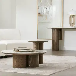 Terzetto Pandora Brown Sintered Stone Round Coffee Table Low - Medium Brown Wooden Legs