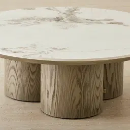 Terzetto Pandora Brown Sintered Stone Round Coffee Table Low - Medium Brown Wooden Legs