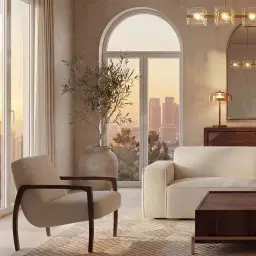 Astrid Chantilly White Fabric Wood Armchair - Maple Brown Legs