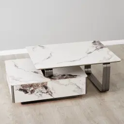 Marbella 2-Layered Cold Calacatta White Sintered Stone Coffee Table - Black Nickel Frame