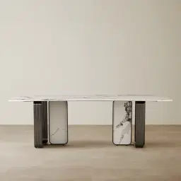 Marbella Cold Calacatta White Sintered Stone Dining Table - Black Nickel Frame