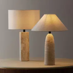 Verlet Travertine Table Lamp - Beige Linen Lamp Shade