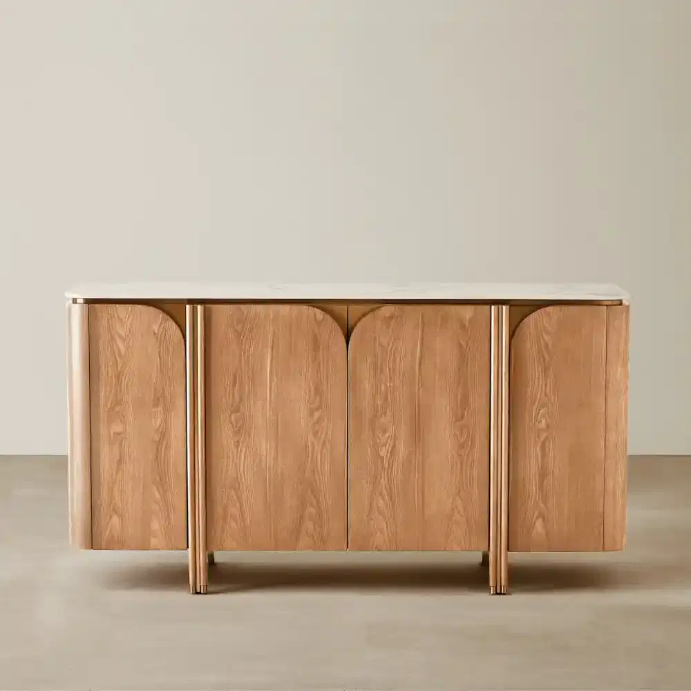 Portobello Light Brown Ash Veneer Sideboard - Pandora Brown Sintered Stone Top