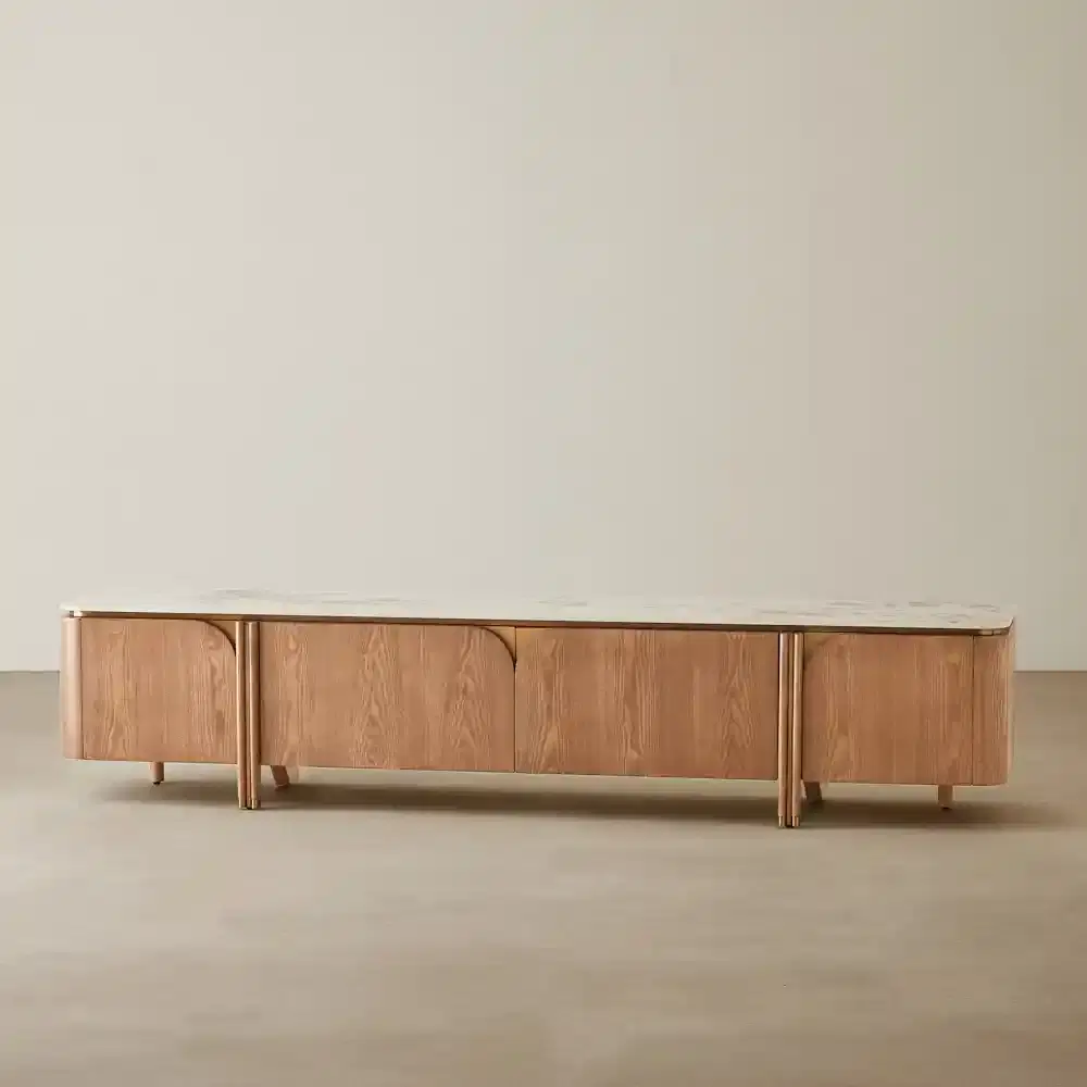 Portobello Light Brown Ash Veneer Entertainment Unit - Pandora Brown Sintered Stone Top