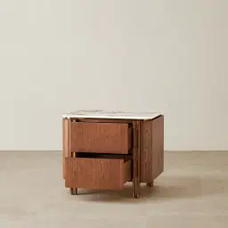 Portobello Toffee Brown Ash Veneer Bedside Table - Pandora Brown Sintered Stone Top