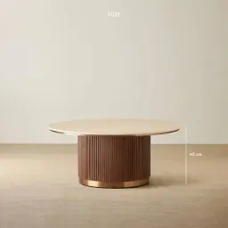San Pierre Walnut Veneer High Round Coffee Table with Travertine Finish Sintered Stone Top