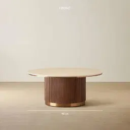 San Pierre Walnut Veneer High Round Coffee Table with Travertine Finish Sintered Stone Top