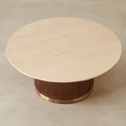 San Pierre Walnut Veneer High Round Coffee Table with Travertine Finish Sintered Stone Top