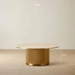 San Pierre Light Brown Ash Veneer High Round Coffee Table with Travertine Finish Sintered Stone Top