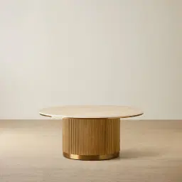 San Pierre Light Brown Ash Veneer High Round Coffee Table with Travertine Finish Sintered Stone Top
