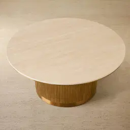 San Pierre Light Brown Ash Veneer High Round Coffee Table with Travertine Finish Sintered Stone Top