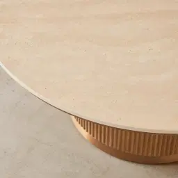 San Pierre Light Brown Ash Veneer High Round Coffee Table with Travertine Finish Sintered Stone Top