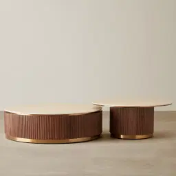 San Pierre Walnut Veneer Low Round Coffee Table with Travertine Finish Sintered Stone Top