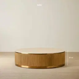 San Pierre Light Brown Ash Veneer Low Round Coffee Table with Travertine Finish Sintered Stone Top