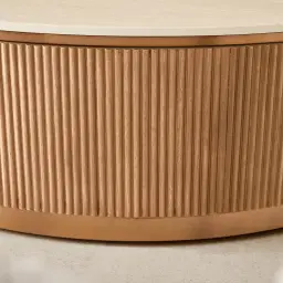 San Pierre Light Brown Ash Veneer Low Round Coffee Table with Travertine Finish Sintered Stone Top