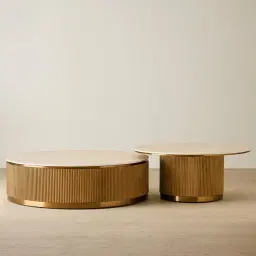 San Pierre Light Brown Ash Veneer Low Round Coffee Table with Travertine Finish Sintered Stone Top