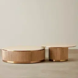 San Pierre Light Brown Ash Veneer Low Round Coffee Table with Travertine Finish Sintered Stone Top