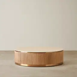 San Pierre Light Brown Ash Veneer Low Round Coffee Table with Travertine Finish Sintered Stone Top