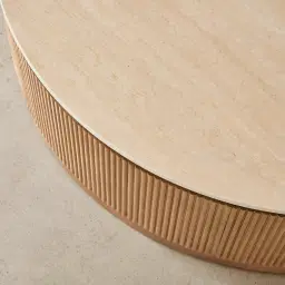 San Pierre Light Brown Ash Veneer Low Round Coffee Table with Travertine Finish Sintered Stone Top