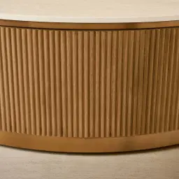 San Pierre Light Brown Ash Veneer Low Round Coffee Table with Travertine Finish Sintered Stone Top