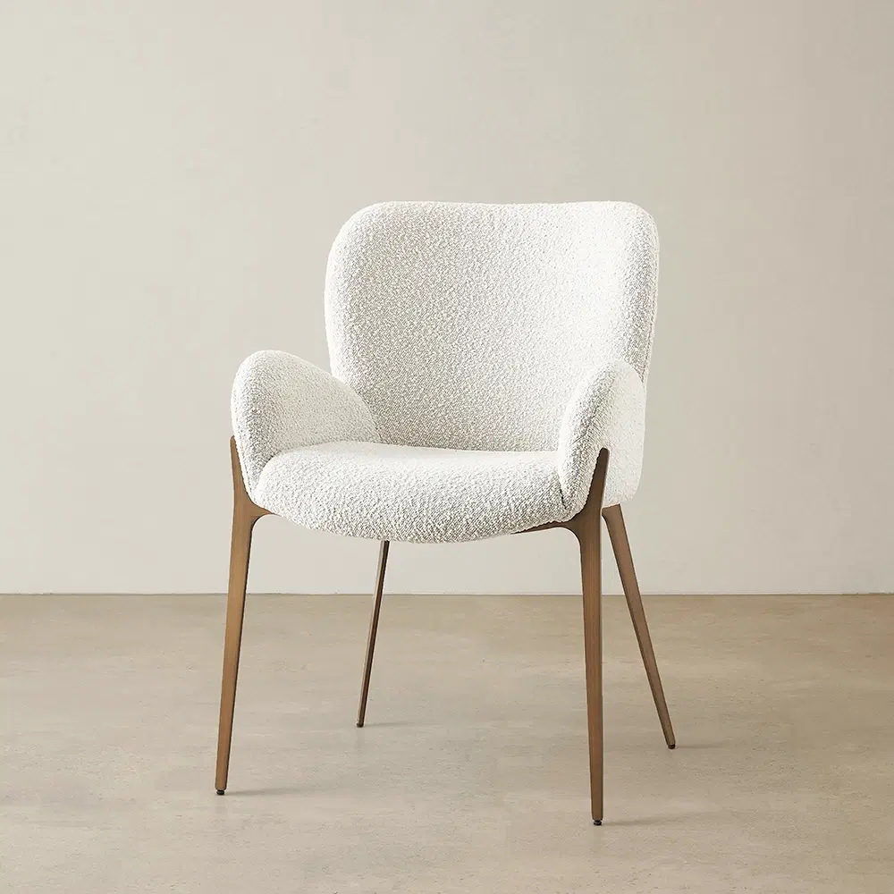 Milana Snow White Boucle Dining Chair - Brushed Bronze Legs