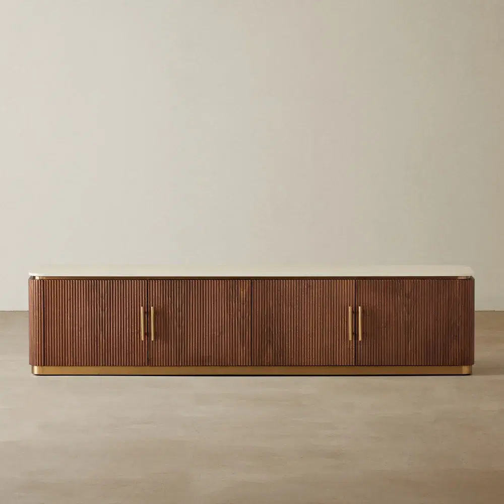 San Pierre Walnut Veneer Entertainment Unit with Travertine Finish Sintered Stone Top