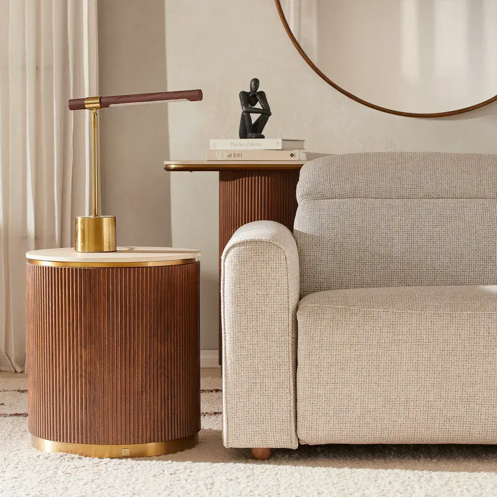 San Pierre Walnut Veneer Side Table with Travertine Finish Sintered Stone Top