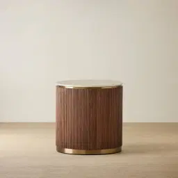 San Pierre Walnut Veneer Side Table with Travertine Finish Sintered Stone Top