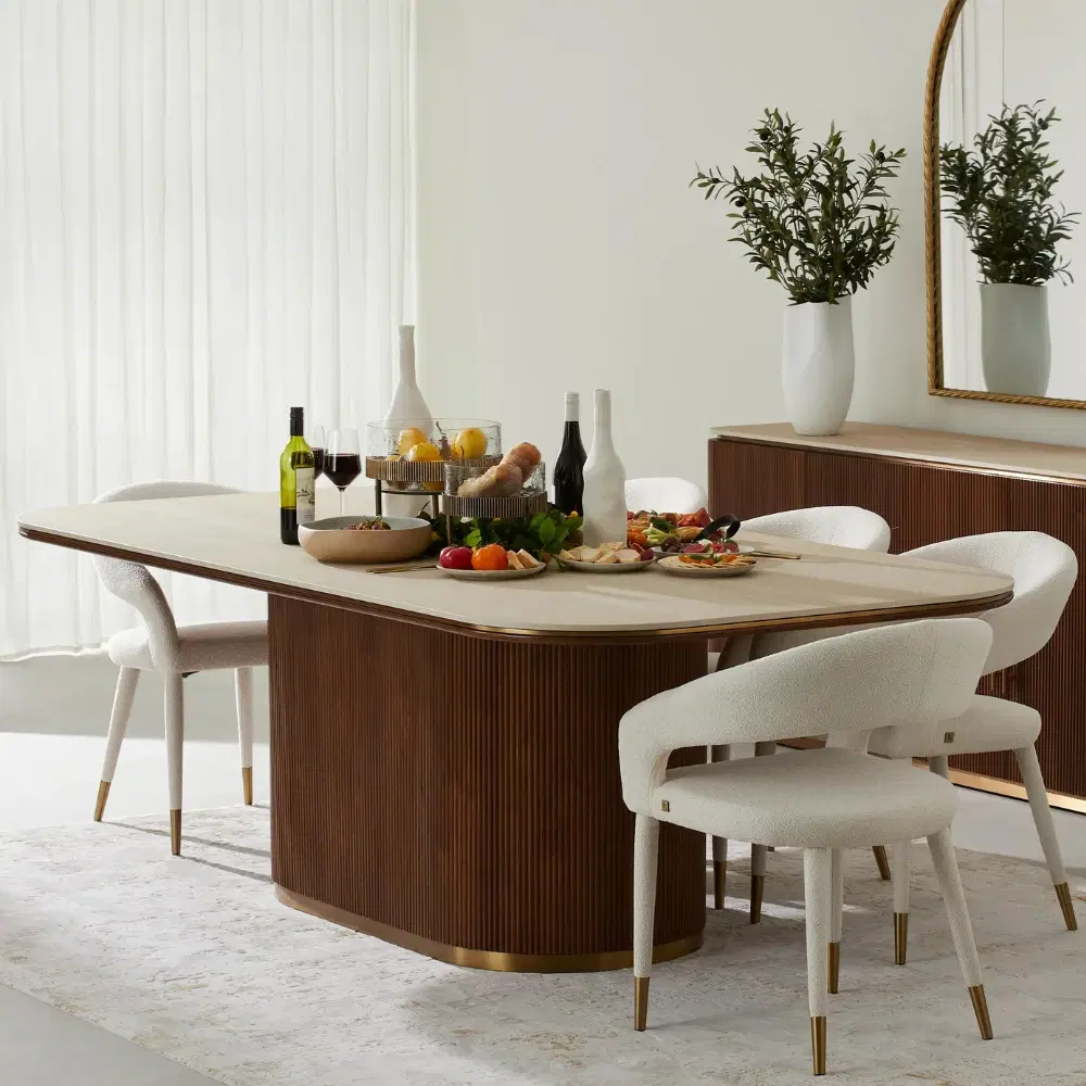 San Pierre Walnut Veneer Single Leg Rectangular Dining Table with Travertine Finish Sintered Stone Top - 240x120cm