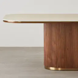 San Pierre Walnut Veneer Single Leg Rectangular Dining Table with Travertine Finish Sintered Stone Top - 240x120cm