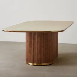 San Pierre Walnut Veneer Single Leg Rectangular Dining Table with Travertine Finish Sintered Stone Top - 240x120cm