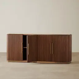 San Pierre Walnut Veneer Sideboard with Travertine Finish Sintered Stone Top