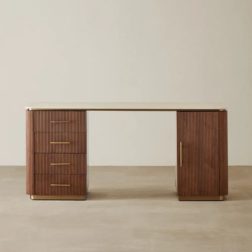 San Pierre Walnut Veneer Study Desk with Travertine Finish Sintered Stone Top