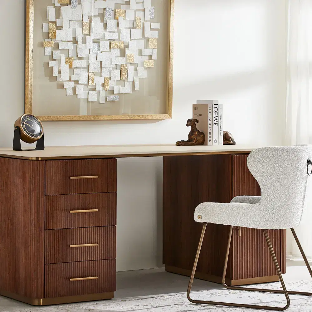 San Pierre Walnut Veneer Study Desk with Travertine Finish Sintered Stone Top