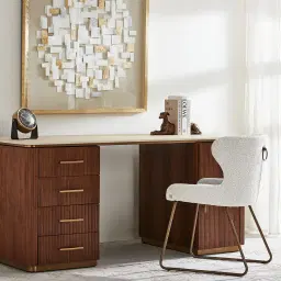 San Pierre Walnut Veneer Study Desk with Travertine Finish Sintered Stone Top