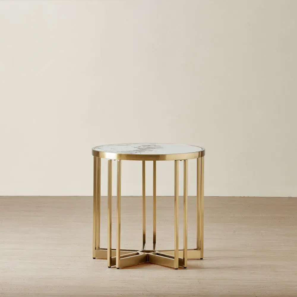 Viviana Sintered Stone Side Table - Brushed Champagne Gold Stainless Steel Frame