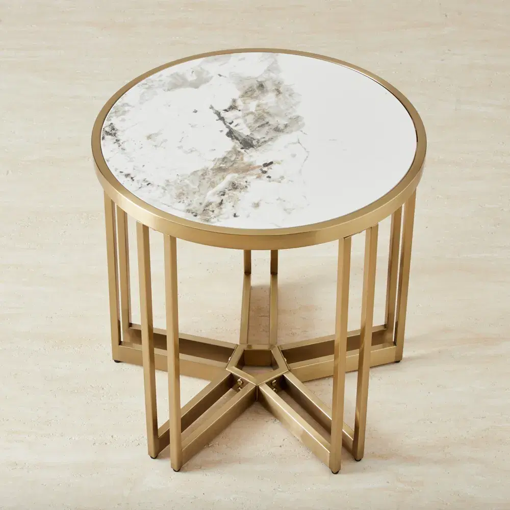 Viviana Sintered Stone Side Table - Brushed Champagne Gold Stainless Steel Frame