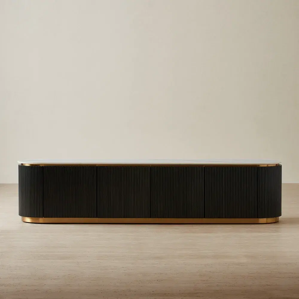 Archie Black Wooden Entertainment Unit with White Sintered Stone Top