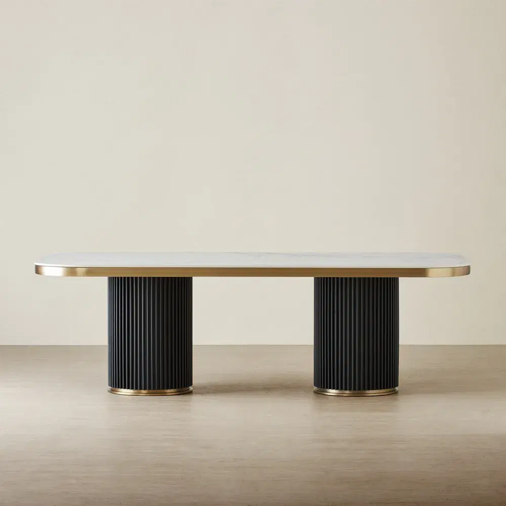 Archie Black Curved Rectangular Dining Table with Statuario White Sintered Stone Top - 240x118cm