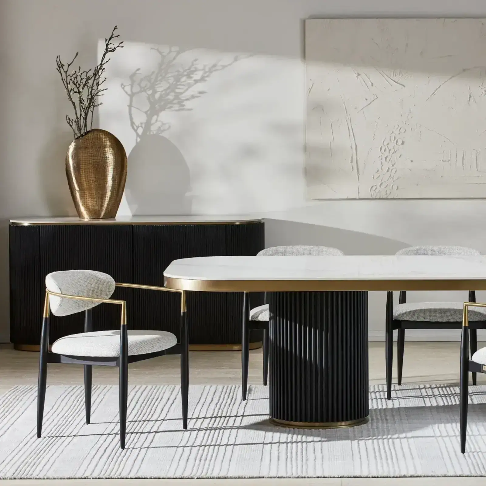 Archie Black Curved Rectangular Dining Table with Statuario White Sintered Stone Top - 240x118cm