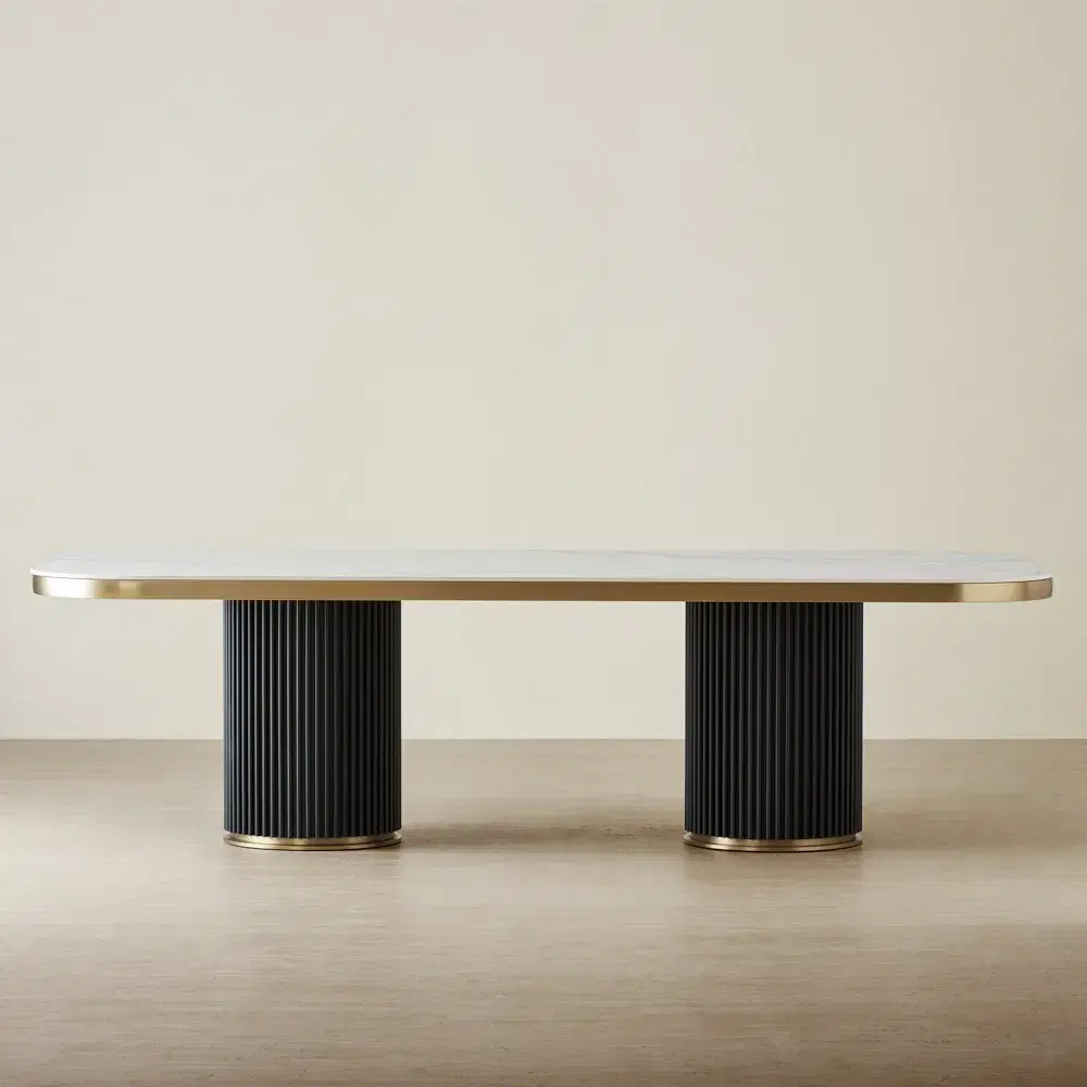 Archie Black Curved Rectangular Dining Table with Statuario White Sintered Stone Top - 268x118cm