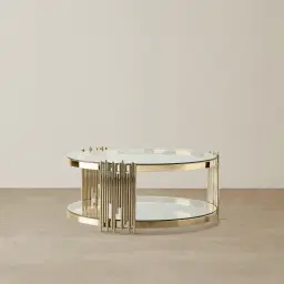 Lindsay Polished Champagne Gold Stainless Steel Round Coffee Table - Clear Glass Top