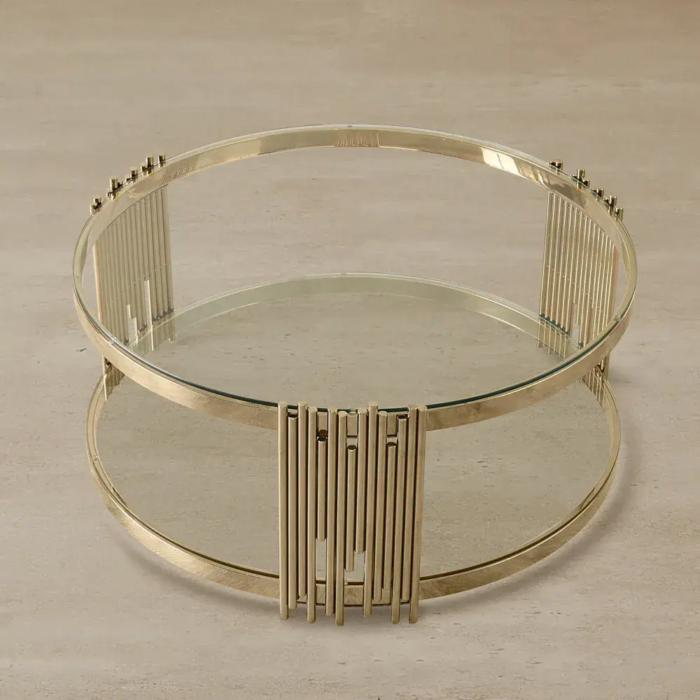 Lindsay Polished Champagne Gold Stainless Steel Round Coffee Table - Clear Glass Top