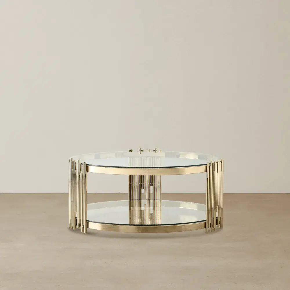 Lindsay Polished Champagne Gold Stainless Steel Round Coffee Table - Clear Glass Top