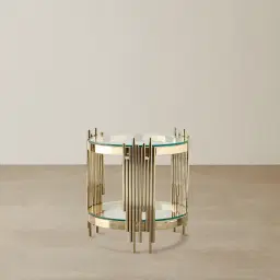 Lindsay Polished Champagne Gold Stainless Steel Round Side Table - Clear Glass Top