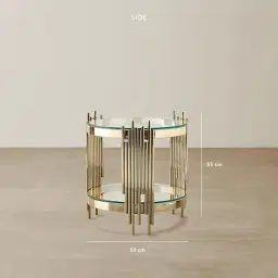 Lindsay Polished Champagne Gold Stainless Steel Round Side Table - Clear Glass Top