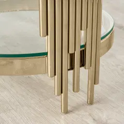 Lindsay Polished Champagne Gold Stainless Steel Round Side Table - Clear Glass Top