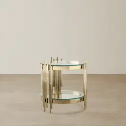 Lindsay Polished Champagne Gold Stainless Steel Round Side Table - Clear Glass Top